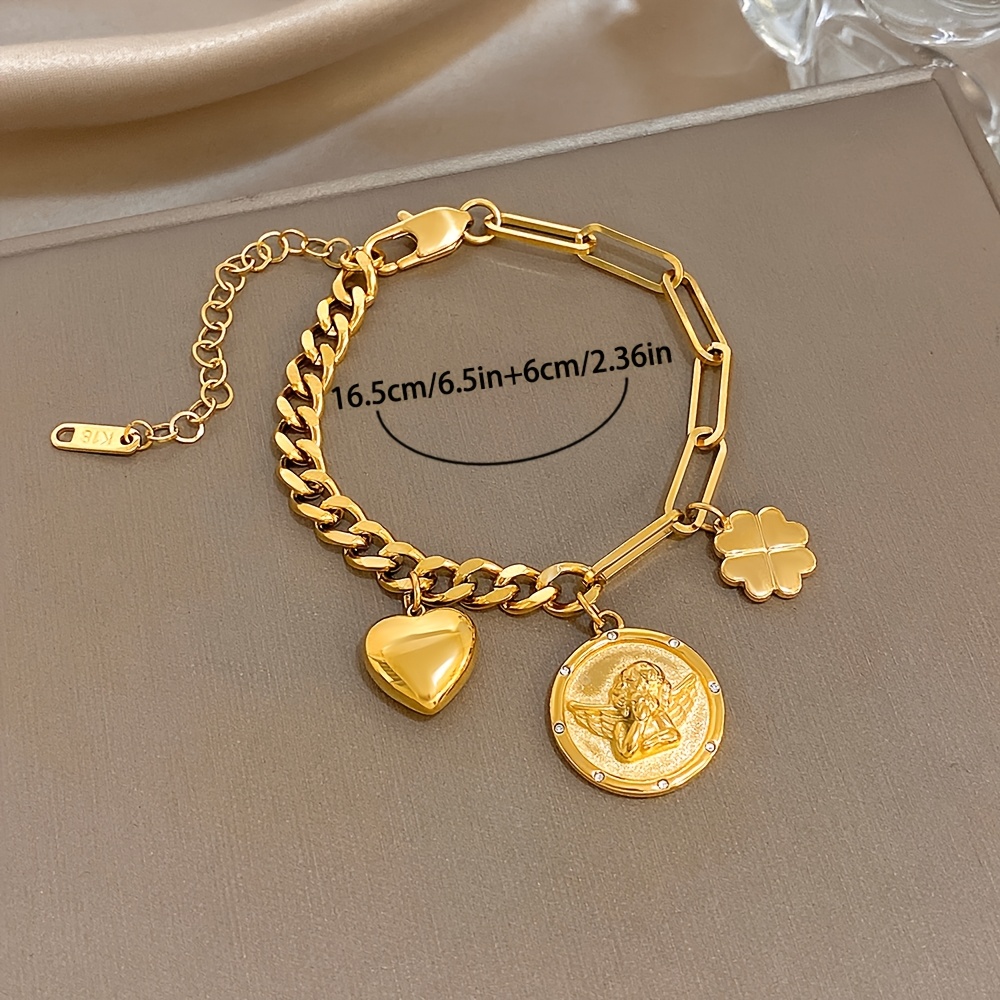 Stainless Steel Cuban Heart & Flower Bracelet, Vintage Gift